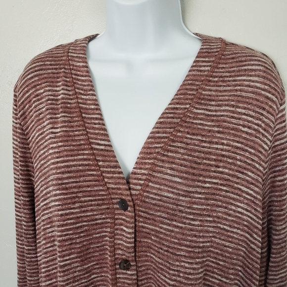 LOGO Lori Goldstein Women's XL Terracotta Striped Cardigan Button Up Lace Trim - Picture 8 of 8